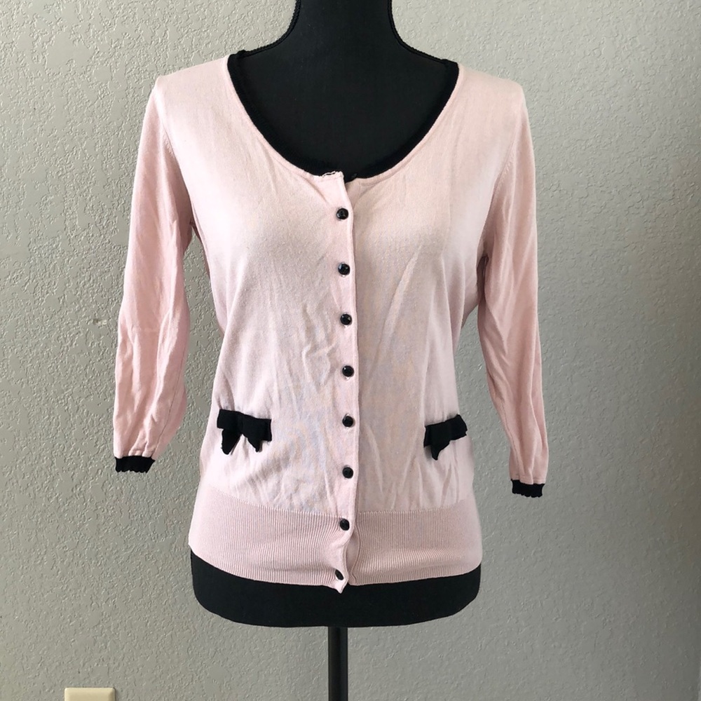 Blush pink w/black trim, buttons and bows cardigan
